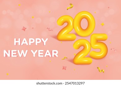 New Year 2025 Fluid Effect Text On Peach Color Bokeh Background. New Year's Eve Clearance Sale Offer Theme Vector Illustration For Greeting, Invite Card, Website, Banner, Poster, Flyer, Etc.