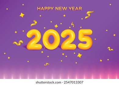 New Year 2025 Fluid Effect Text On Purple Background. New Year's Eve Clearance Sale Offer Theme Vector Illustration For Greeting, Invite Card, Website, Banner, Poster, Flyer, Etc.