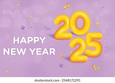 New Year 2025 Fluid Effect Text On Purple Color Bokeh Background. New Year's Eve Clearance Sale Offer Theme Vector Illustration For Greeting, Invite Card, Website, Banner, Poster, Flyer, Etc.