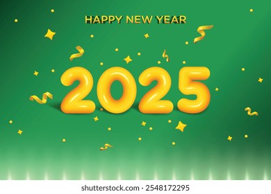 New Year 2025 Fluid Effect Text On Green Background. New Year's Eve Clearance Sale Offer Theme Vector Illustration For Greeting, Invite Card, Website, Banner, Poster, Flyer, Etc.