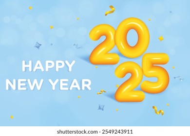 New Year 2025 Fluid Effect Text On Blue Color Bokeh Background. New Year's Eve Clearance Sale Offer Theme Vector Illustration For Greeting, Invite Card, Website, Banner, Poster, Flyer, Etc.