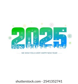 New year 2025 with futuristic green eco smart city skyline background.