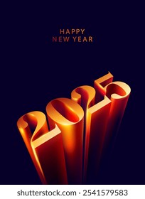 New year 2025. Golden 3D holiday lettering design. Bright volumetric numbers.