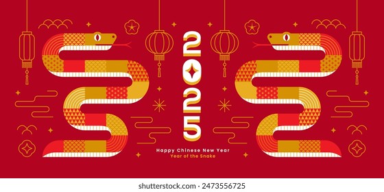 New Year 2025 greeting card or banner design with two snakes and chinese decorative elements.