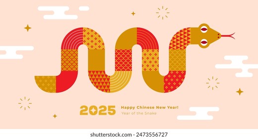 New Year 2025 greeting card or banner design with cute snake as a  Chinese calendar animal symbol.