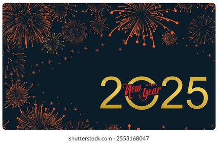 New Year 2025 greeting card with festive design. Fireworks display on New Year's Eve. Happy New Year 2025 concept. Flat vector illustration.