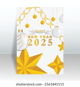 New Year 2025 greeting card design with a gold and white theme, featuring hanging ornaments, golden stars, and an elegant ribbon. Perfect for greeting cards, invitations or holiday themed promotions