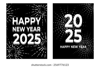 New Year 2025 greeting card in black and white. Black background. Elegant New Year's Eve banner. Vector