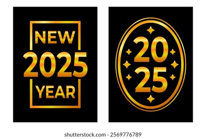 New Year 2025 greeting card in gold. Black background. Elegant New Year's Eve banner. Vector