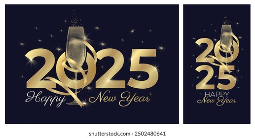 New Year 2025 greeting cards with glass of sparkling wine and golden ribbon decoration. Black and white background and gold colors. Elegant New Year's Eve Banner. Vector