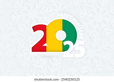 Nuevo año 2025 para Guinea sobre fondo de copo de nieve. Saludo a Guinea con el nuevo año 2025.