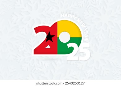 Nuevo año 2025 para Guinea-Bissau sobre fondo de copo de nieve. Saludo a Guinea-Bissau con el nuevo año 2025.