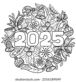 New year 2025 hand drawn for adult coloring book