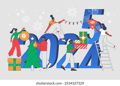 New Year 2025 holiday celebration concept.  Modern vector illustration of people decorating for Christmas and New Year party