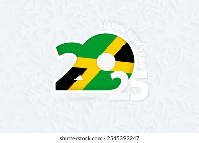 Nuevo año 2025 para Jamaica sobre fondo de copo de nieve. Saludo a Jamaica con el nuevo año 2025.