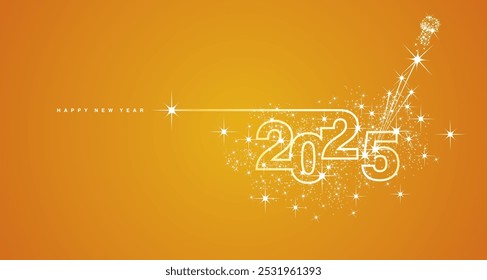 Nuevo año 2025 diseño de línea sparkler fuegos artificiales champán brillante blanco naranja amarillo Vector