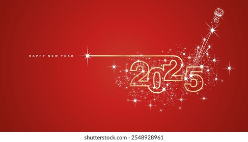 New Year 2025 line design sparkler firework champagne shining golden white red vector greeting card