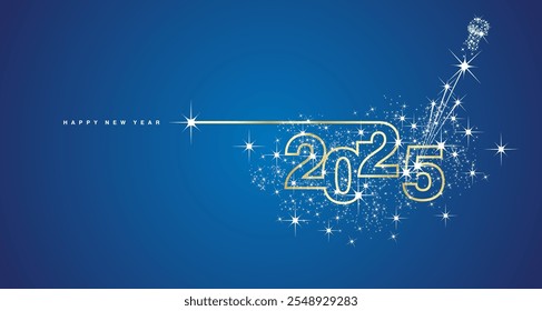 New Year 2025 line design sparkler firework champagne shining golden white blue vector greeting card