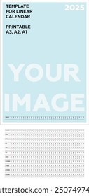 New Year 2025. Linear calendar with months. Vector printable template. A3, A2, A1 format. Week starts on Sunday. Annual calendar planner. Vertical orientation. Agenda organizer page. Christmas gift