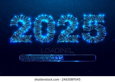 New year 2025 loading. Loading bar. Low poly style design. Numbers from a polygonal wireframe mesh. Abstract vector illustration on dark background