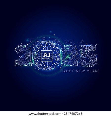 New year 2025 logo design with Modern futuristic tecnology and AI artificial intelligence data concept on blue background.