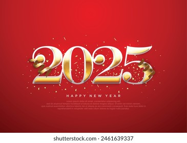 New Year 2025 with a luxurious and elegant concept. Vector premium design with elegant gold ribbon ornament. Design for calendars, posters and social media posts.