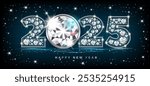 New year 2025 luxury big diamond gemstone numbers. Black background with blue glow, 3d realistic vector illustration.