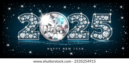 New year 2025 luxury big diamond gemstone numbers. Black background with blue glow, 3d realistic vector illustration.