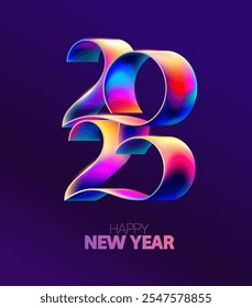 New year 2025. Metallic iridescent numbers on dark background. Festive holiday calendar date design.