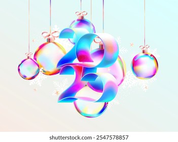 New year 2025. Metallic iridescent numbers on white background with Christmas decoration. Festive holiday design. 