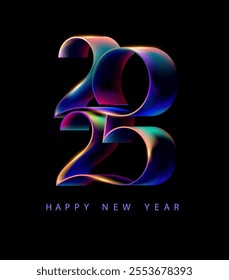 New year 2025. Metallic iridescent numbers on dark background. Festive holiday calendar date design. 