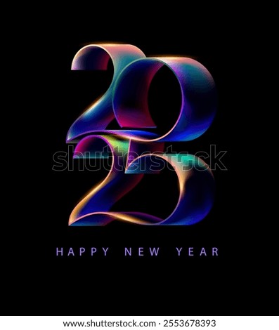 New year 2025. Metallic iridescent numbers on dark background. Festive holiday calendar date design. 