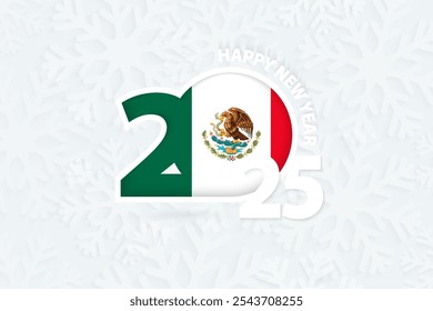 Nuevo año 2025 para México sobre fondo de copo de nieve. Saludo a México con el nuevo año 2025.