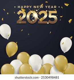 New Year 2025 modern art design in black or dark background with balloons illustration for cover, card, poster, banner. Chinese new year 2025.