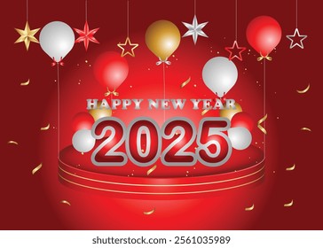 New Year 2025 modern art design set in red, golden and silver colors for cover, card, poster, banner. Chinese new year 2025. Abstract design with  “2025”, confetti and fire works templates.