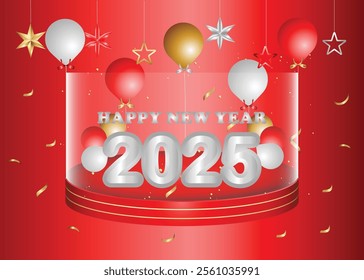 New Year 2025 modern art design set in red, golden and silver colors for cover, card, poster, banner. Chinese new year 2025. Abstract design with  “2025”, confetti and fire works templates.