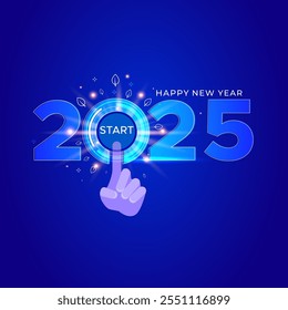 nuevo año 2025 con concepto de tecnología moderna. Inicie, habilite o encienda el Botón sobre fondo azul. Ilustración vectorial