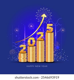 New Year 2025 with money growth and graph background. Financial business success concept.