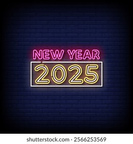 new year 2025 neon sign style with brick wall background vector