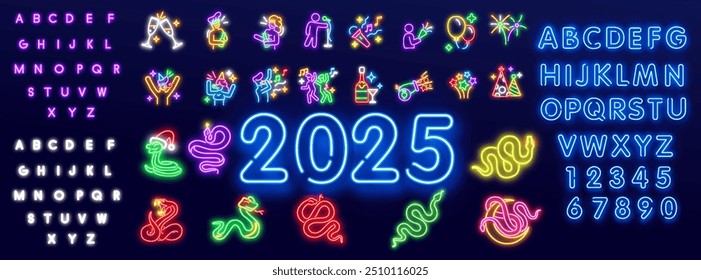 Ano Novo 2025 Modelo Neon no fundo azul escuro. O clipart de vetor para seus projetos.