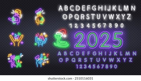 Neujahrsvorlage 2025 Neon auf dunkelblauem Hintergrund. Vektorclipart für Ihre Projekte.