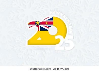 Nuevo año 2025 para Niue sobre fondo de copo de nieve. Saludo a Niue con el nuevo año 2025.