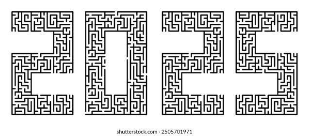 New Year 2025, numbers written in font made from labyrinth lines. Abstract figures of next new year. Maze design element. Simple black and white vector isolated on white background