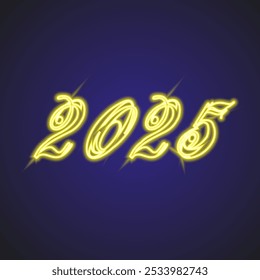 new year 2025 on a blue neon background in yellow with beautiful coligraphic text written