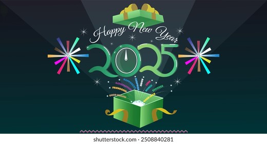 Nuevo año 2025 con caja de regalo abierta. Colección de los Diseños de Vector del año Nuevo 2025. Cartel, tarjeta, calendario y redes sociales de color verde 2025. Anuncio de tarjeta de felicitación colourfull verde para 2025 con caja de regalo abierta.