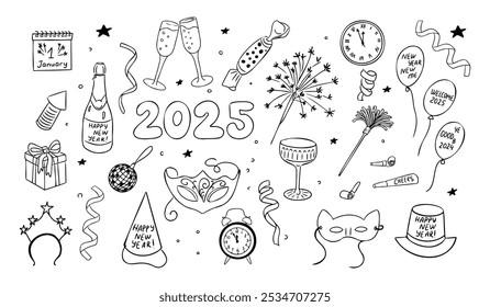 New Year 2025 party items doodle set. Winter holiday hand drawn sparkling, masks, clocks, bottle of wine and glasses isolated on white background. New Year decoration for coloring pages, stickers