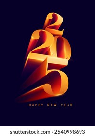 New year 2025 poster. Golden 3D numbering design. Holiday banner with big numbers on dark background.