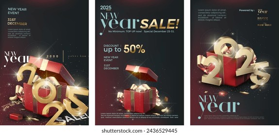 New year 2025 poster. Happy new year 2025 greeting and celebration design, with realistic 3d render gift box illustration. Premium design vector happy new year 2025.