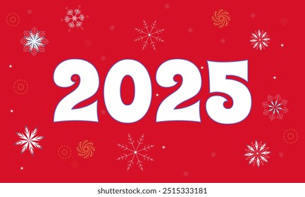 New Year 2025 red background with snowflakes and numbers
