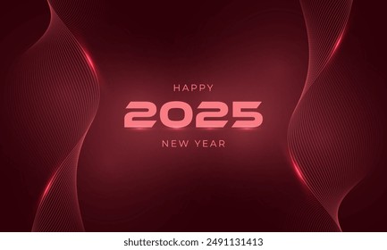 New year 2025 red festive background with red glowing wavy lines and lights. Merry christmas and happy new 2025 year abstract festive xmas background. New year vector illustration.